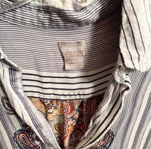 Load image into Gallery viewer, CHICOS Navy & White striped front, paisley back | Size 8/10