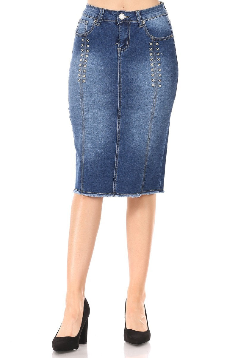 Mia Indigo Wash Embroidered Denim Skirt