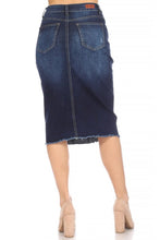 Load image into Gallery viewer, Distressed Dark Wash Denim Skirt
