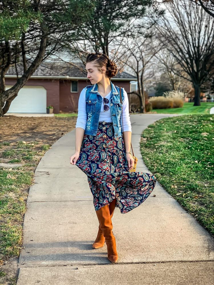 Navy Paisley Tiered Skirt